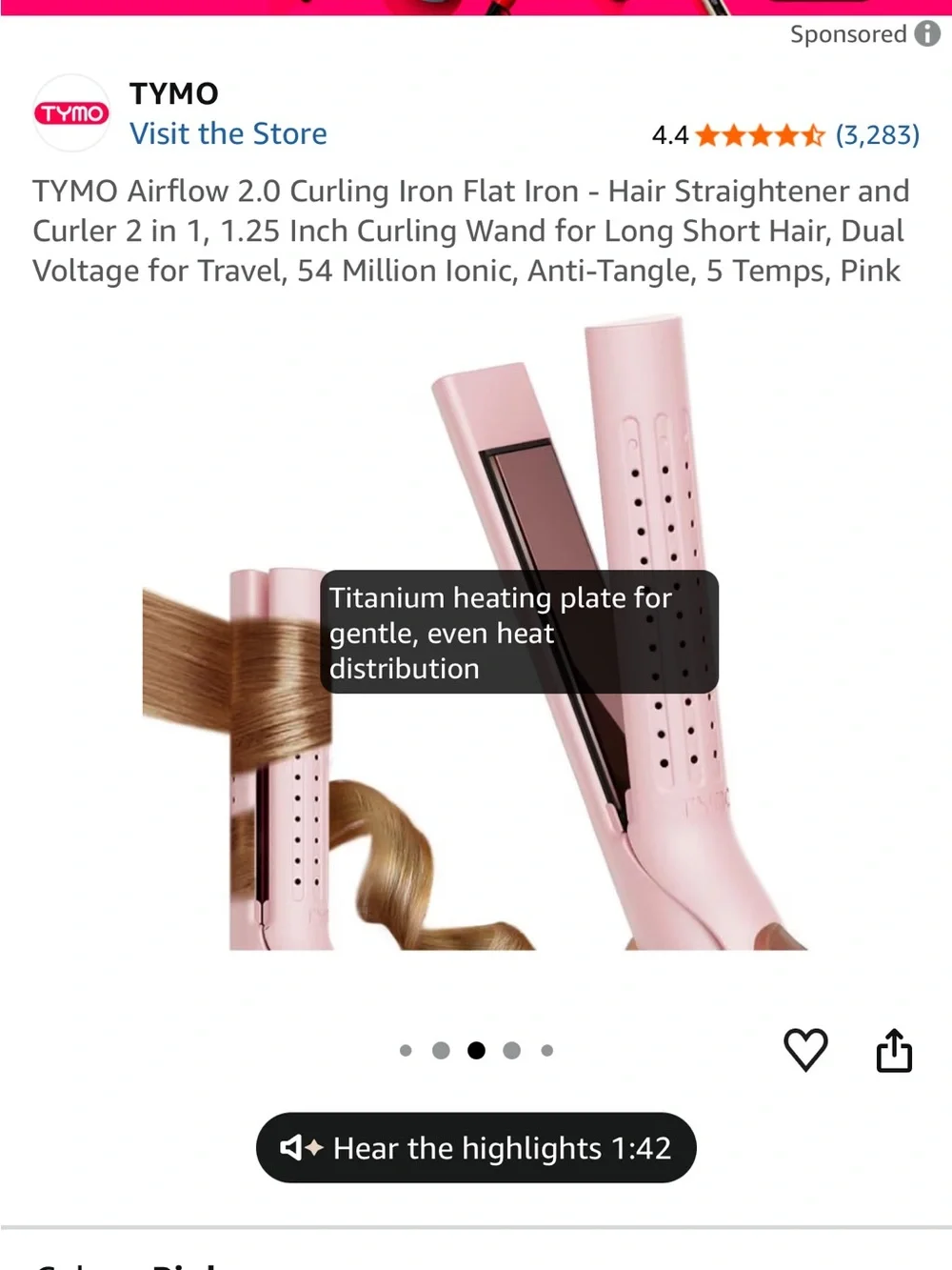 TYMO Airflow 2.0 Pink 2-in-1 Curling Iron & Flat Iron